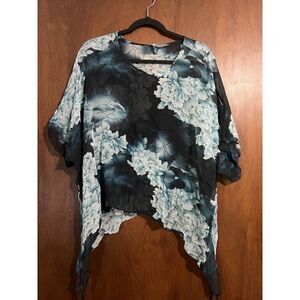 Cocoon House 100% Silk Poncho Blouse Topper Sheer Floral Art To Wear L/XL